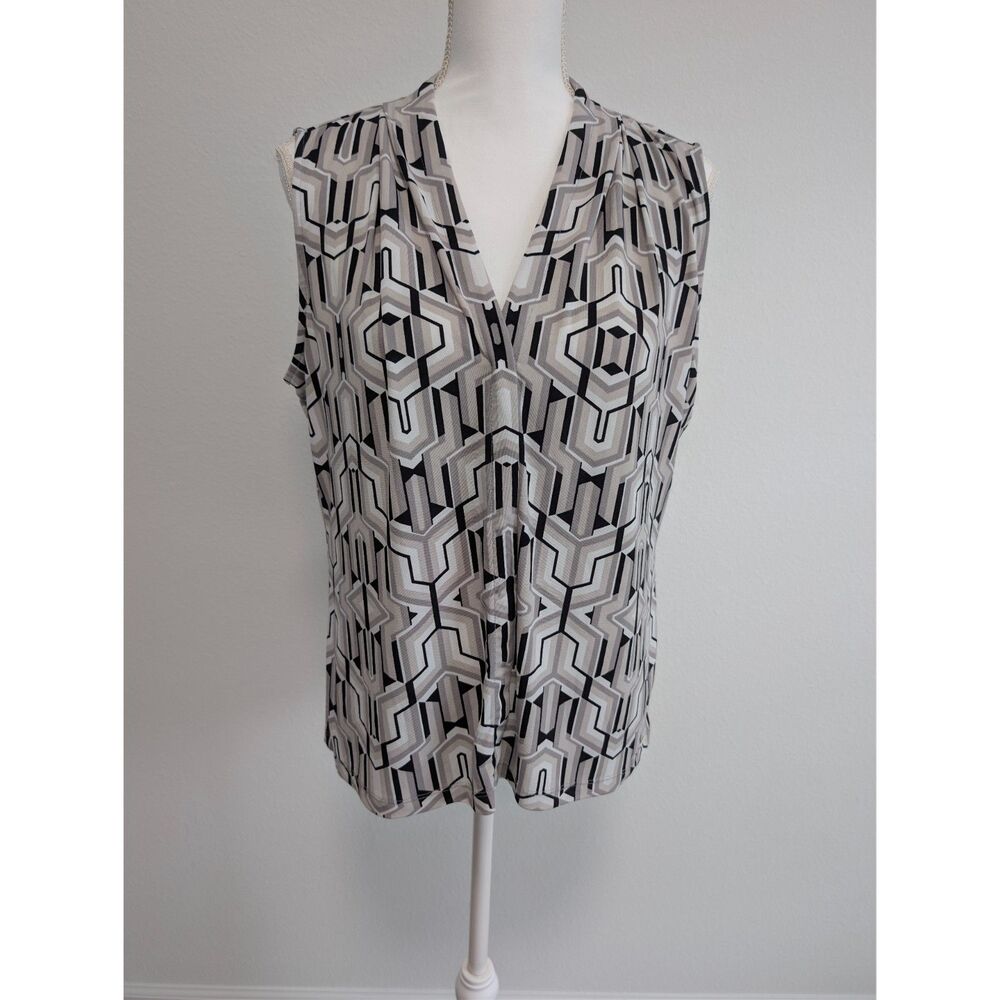 Calvin Klein Sleeveless V-Neck Geometric Blouse Top Grayscale Art Deco PXL